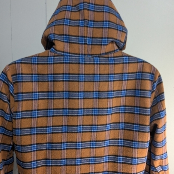 Z Man Plaid Long Sleeve Fleece Hoodie Size Small Snap Pockets Orange Blue - Picture 7 of 8